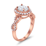 Art Deco Halo Wedding Ring Oval Rose Tone, Simulated Cubic Zirconia 925 Sterling Silver