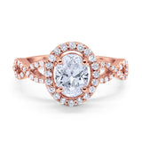 Art Deco Halo Wedding Ring Oval Rose Tone, Simulated Cubic Zirconia 925 Sterling Silver