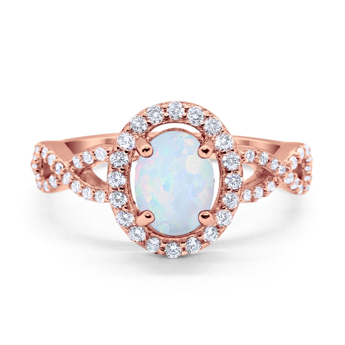 Art Deco Halo Wedding Ring Oval Rose Tone, Lab White Opal 925 Sterling Silver