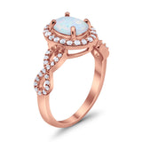 Art Deco Halo Wedding Ring Oval Rose Tone, Lab White Opal 925 Sterling Silver