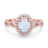 Art Deco Halo Wedding Ring Oval Rose Tone, Lab White Opal 925 Sterling Silver