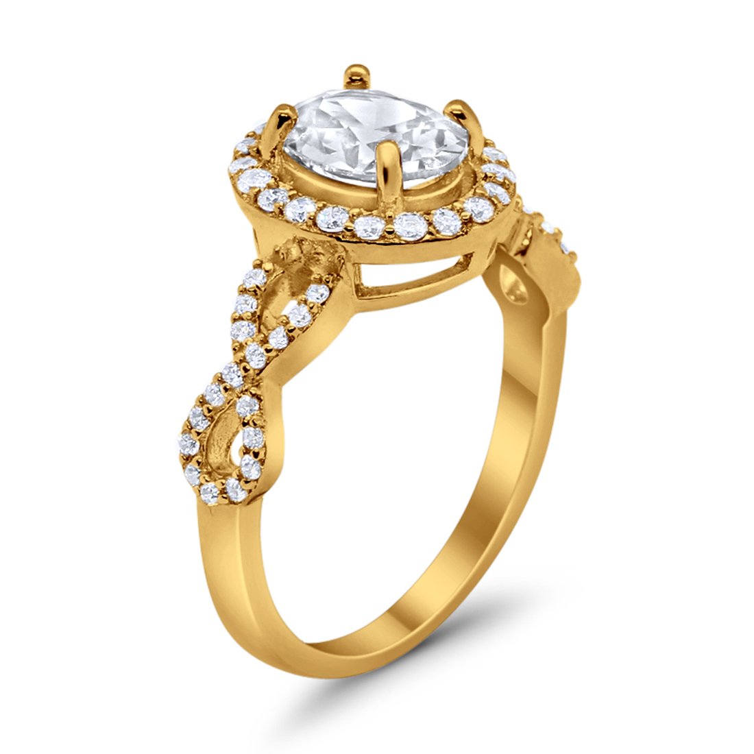 Art Deco Wedding Ring Oval Simulated Cubic Zirconia Yellow Tone 925 Sterling Silver