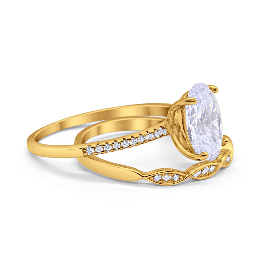 Engagement Bridal Set Band Piece Ring Oval Yellow Tone, Simulated CZ 925 Sterling Silver