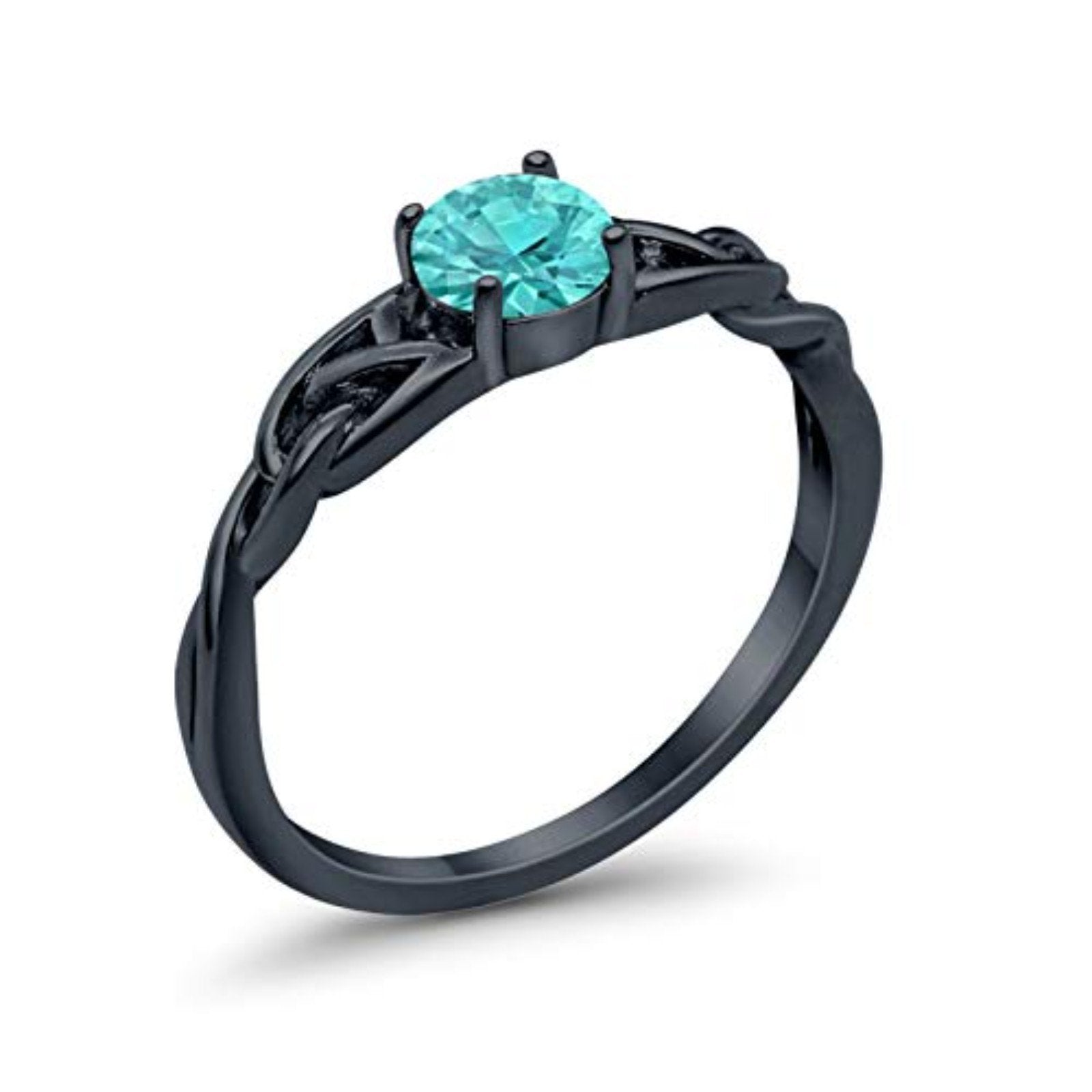 Solitaire Trinity Engagement Ring Black Tone, Simulated Paraiba Tourmaline CZ 925 Sterling Silver