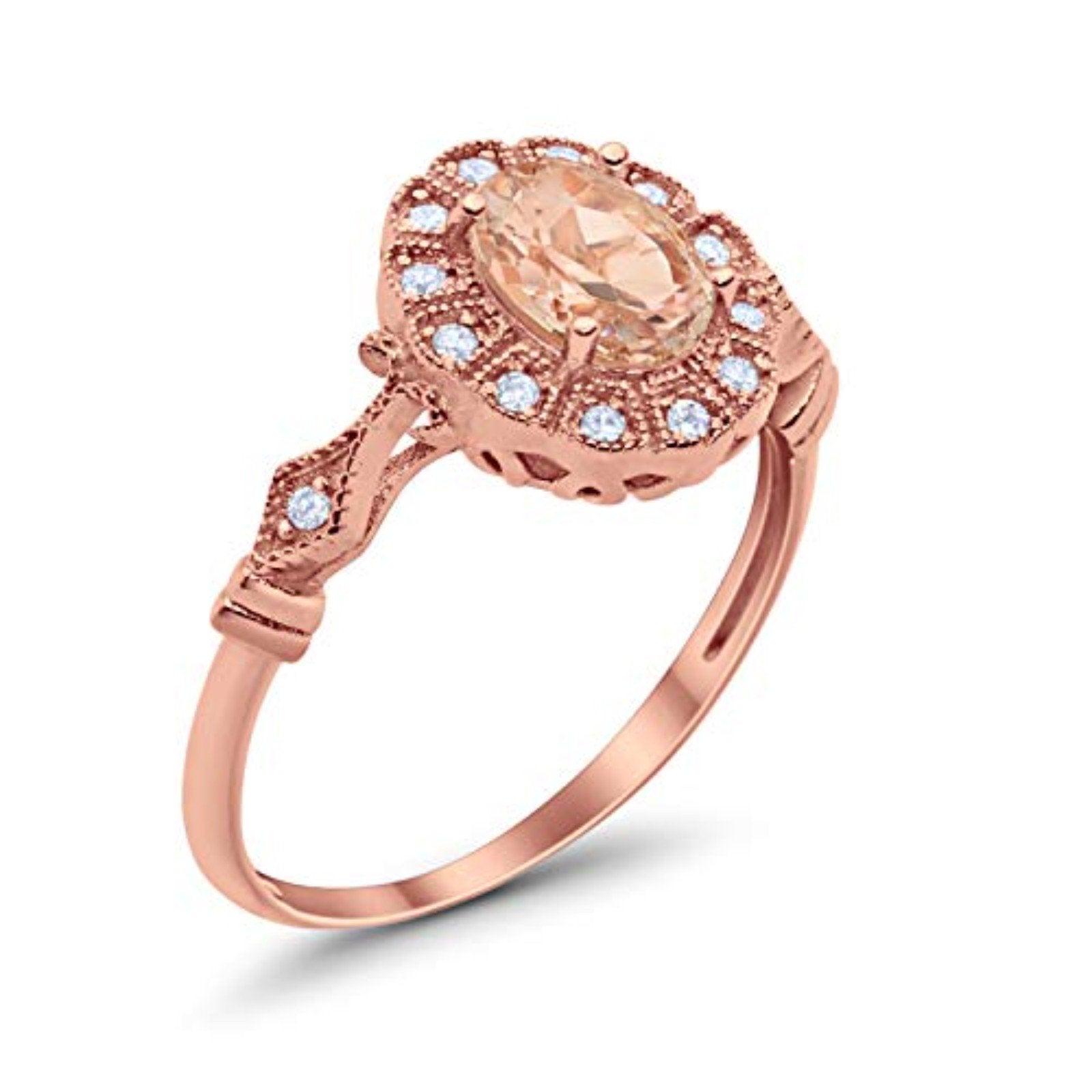 Halo Wedding Bridal Ring Round Rose Tone, Simulated Morganite CZ 925 Sterling Silver