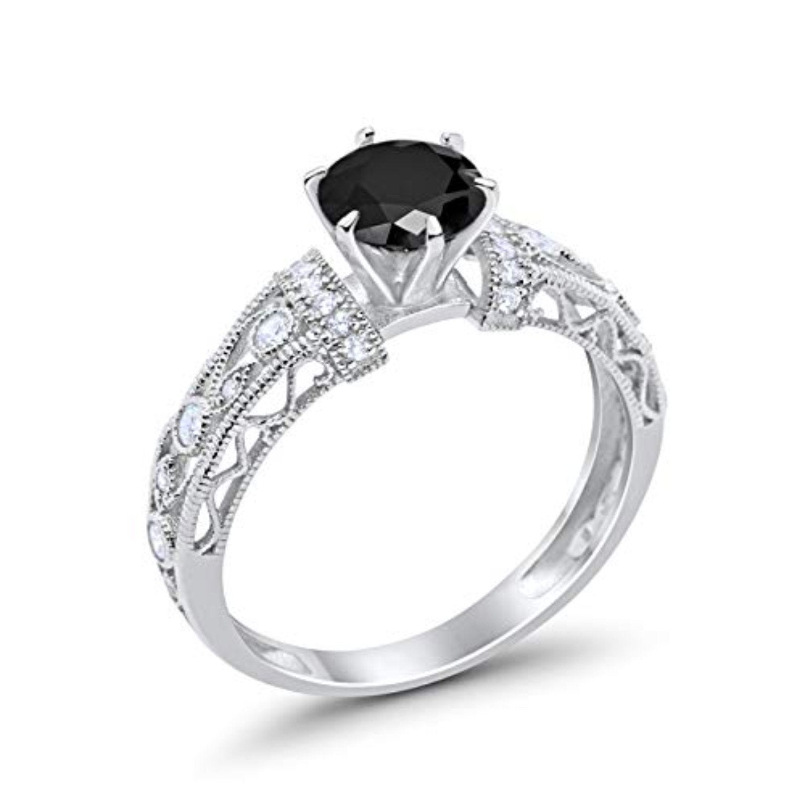 Art Deco Wedding Promise Ring Round Simulated Black CZ 925 Sterling Silver