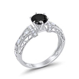 Art Deco Wedding Promise Ring Round Simulated Black CZ 925 Sterling Silver