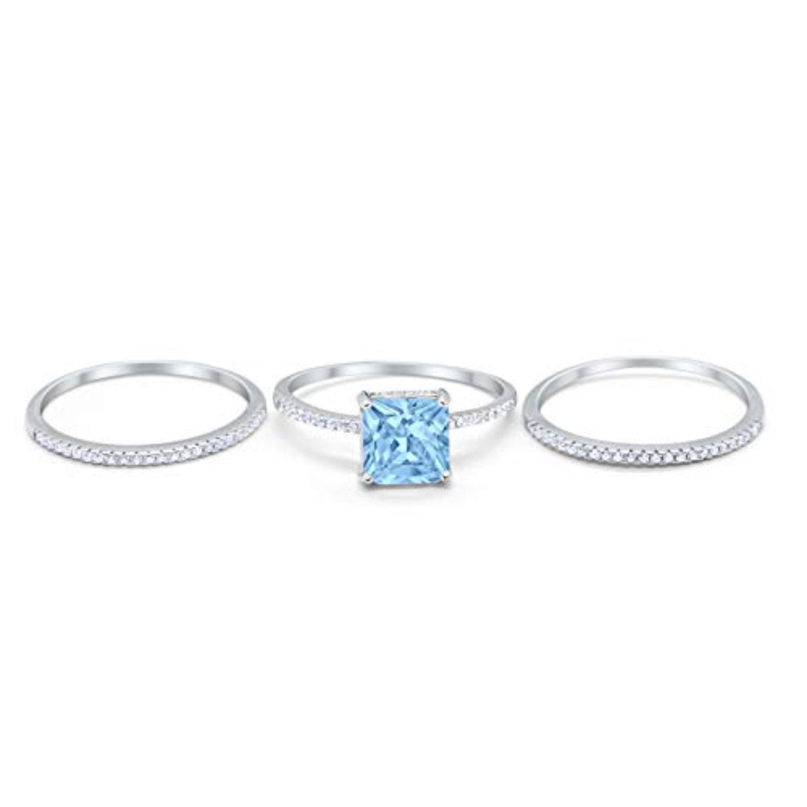 Princess Cut Wedding 3 Piece Ring Simulated Aquamarine CZ 925 Sterling Silver