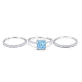Princess Cut Wedding 3 Piece Ring Simulated Aquamarine CZ 925 Sterling Silver