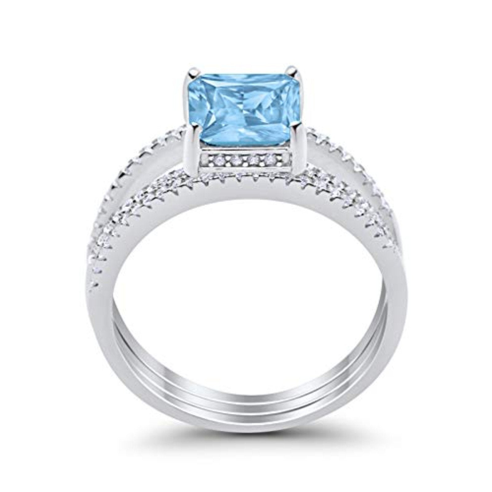 Princess Cut Wedding 3 Piece Ring Simulated Aquamarine CZ 925 Sterling Silver