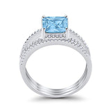 Princess Cut Wedding 3 Piece Ring Simulated Aquamarine CZ 925 Sterling Silver
