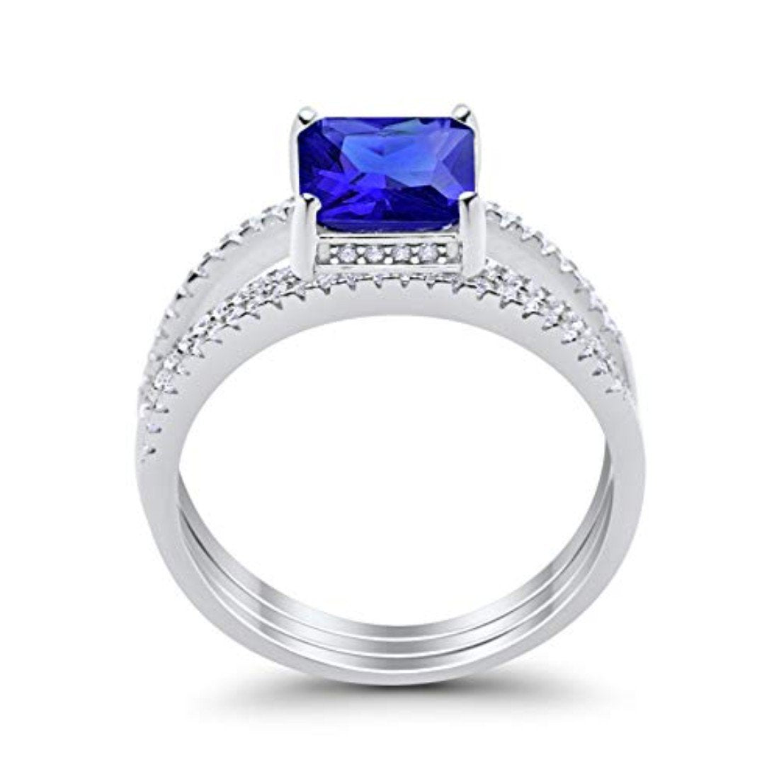 Princess Cut Wedding 3 Piece Ring Simulated Blue Sapphire CZ 925 Sterling Silver