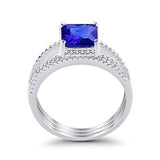 Princess Cut Wedding 3 Piece Ring Simulated Blue Sapphire CZ 925 Sterling Silver