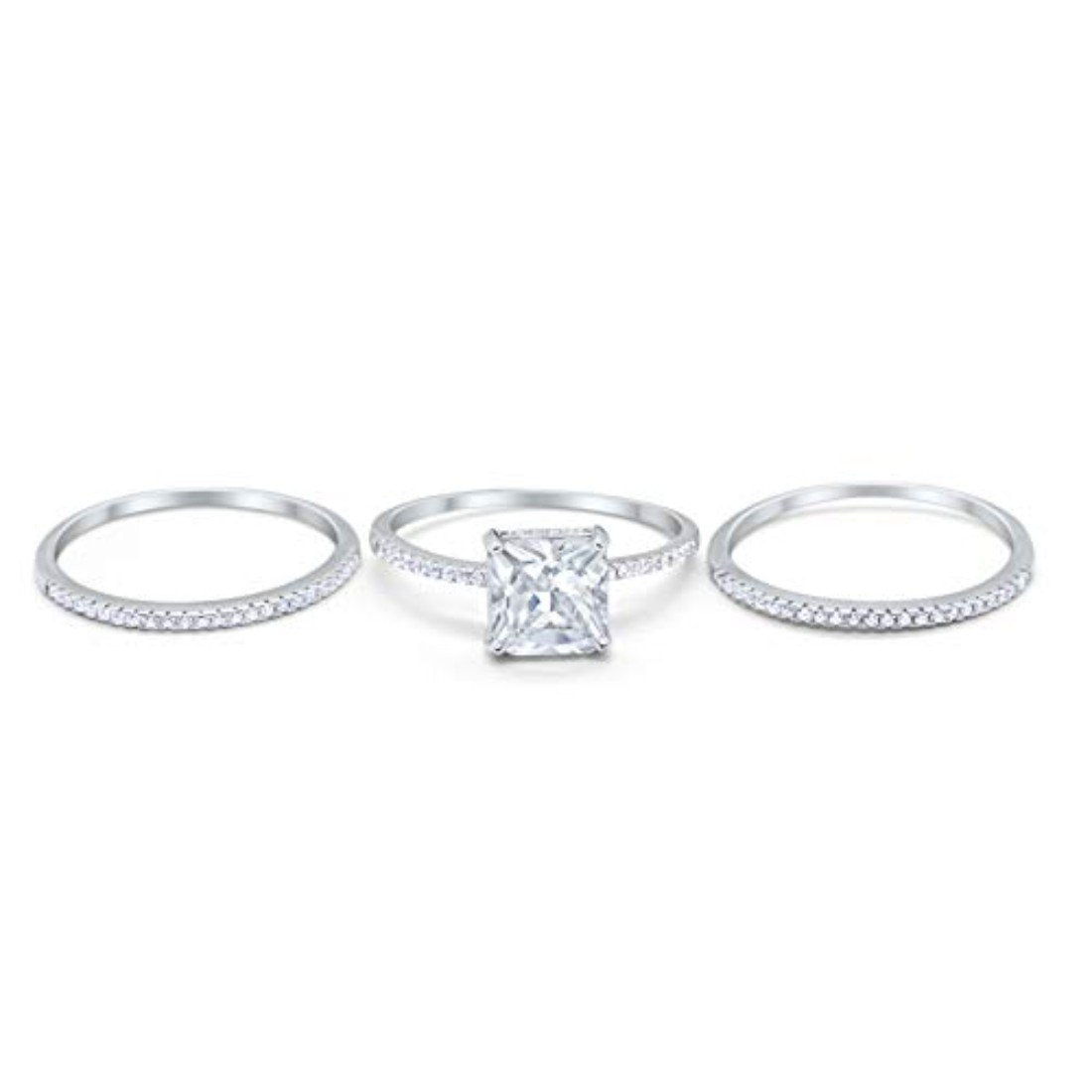 Princess Cut Wedding 3 Piece Ring Simulated Cubic Zirconia 925 Sterling Silver