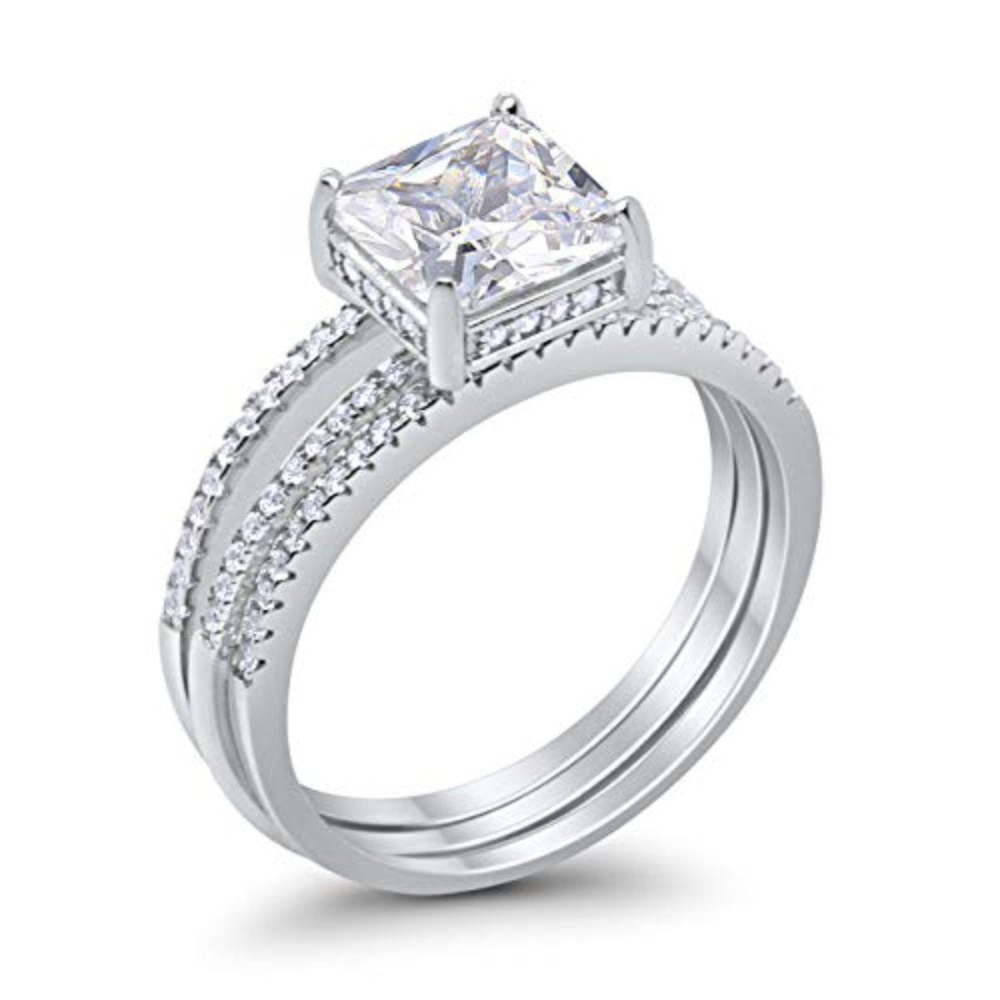 Princess Cut Wedding 3 Piece Ring Simulated Cubic Zirconia 925 Sterling Silver