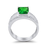Princess Cut Wedding 3 Piece Ring Simulated Green Emerald CZ 925 Sterling Silver