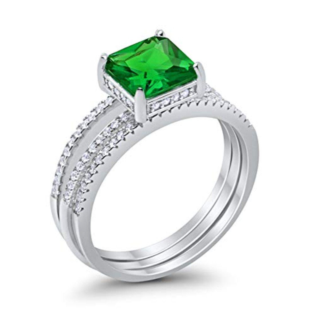 Princess Cut Wedding 3 Piece Ring Simulated Green Emerald CZ 925 Sterling Silver