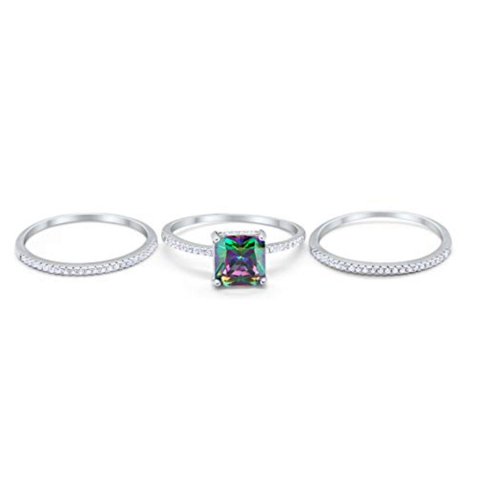 Princess Cut Wedding 3 Piece Ring Simulated Rainbow CZ 925 Sterling Silver