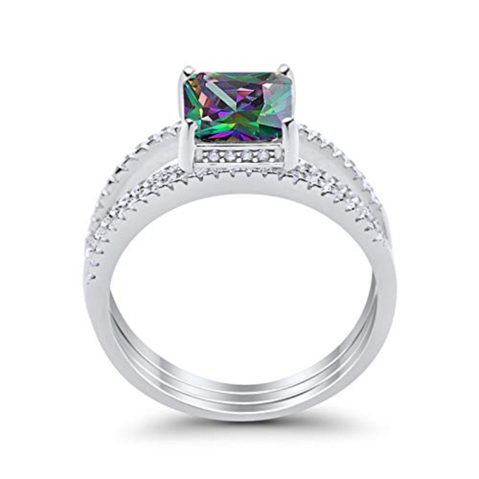 Princess Cut Wedding 3 Piece Ring Simulated Rainbow CZ 925 Sterling Silver