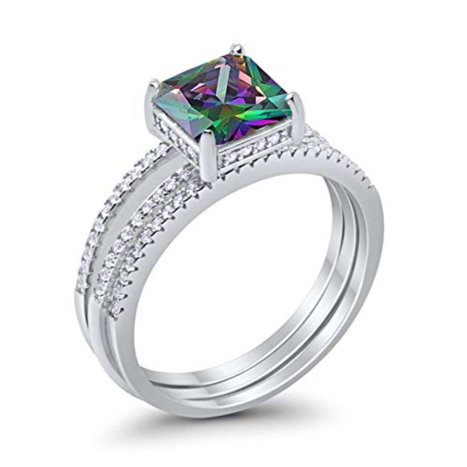 Princess Cut Wedding 3 Piece Ring Simulated Rainbow CZ 925 Sterling Silver