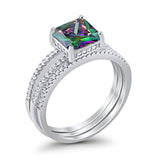 Princess Cut Wedding 3 Piece Ring Simulated Rainbow CZ 925 Sterling Silver