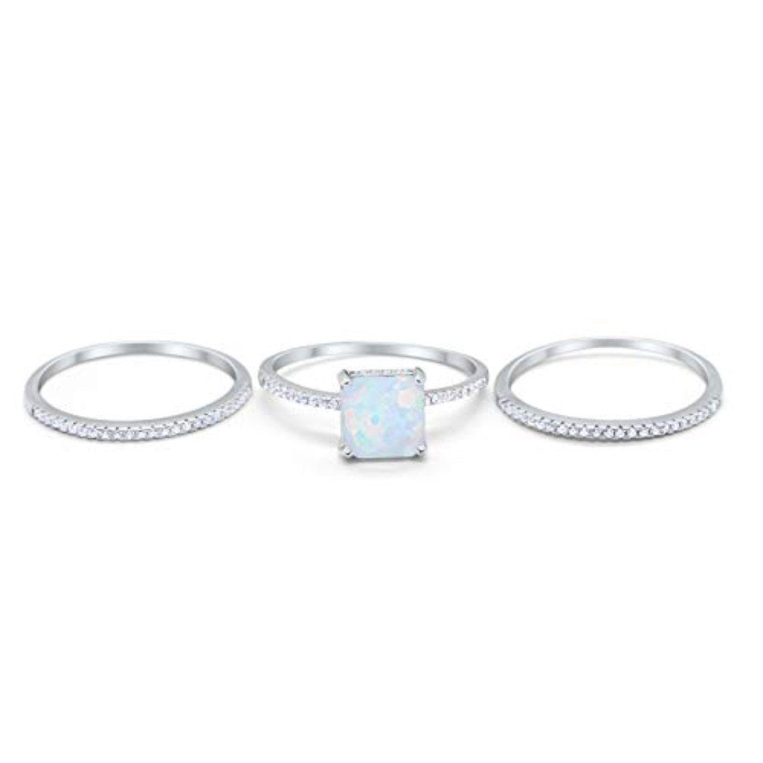 Princess Cut Wedding 3 Piece Ring Lab Created White Opal 925 Sterling Silver