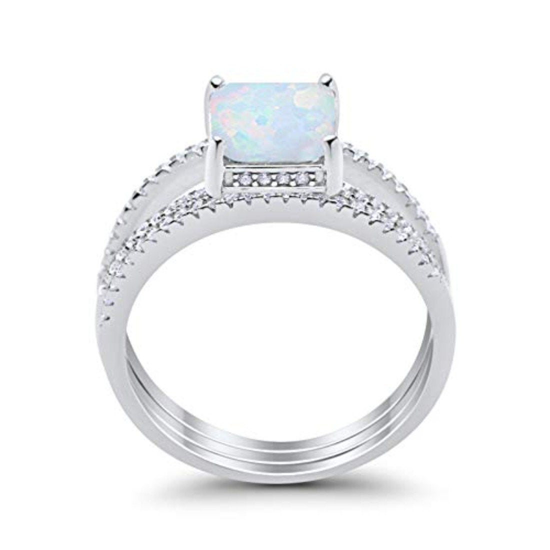 Princess Cut Wedding 3 Piece Ring Lab Created White Opal 925 Sterling Silver