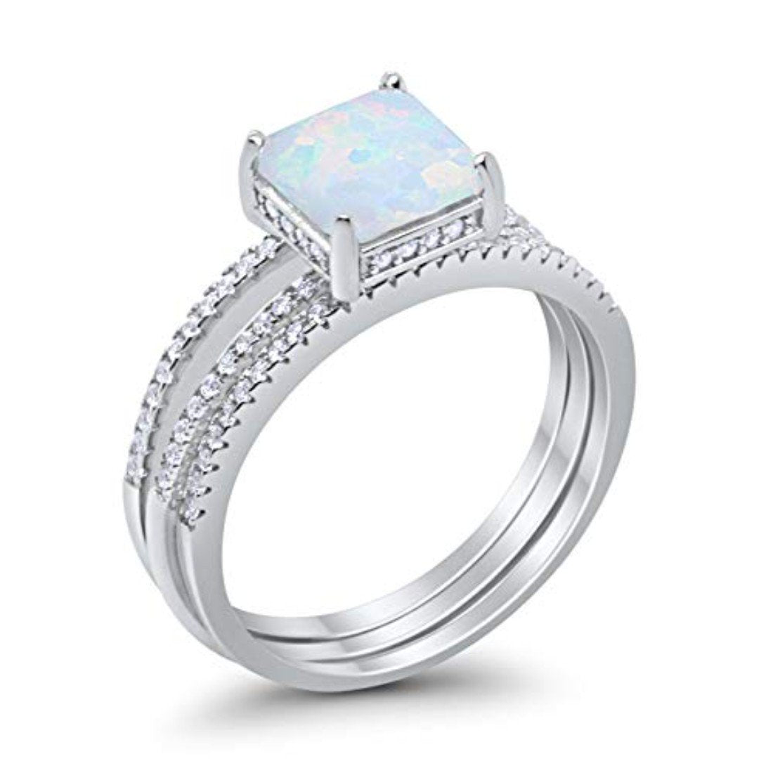 Princess Cut Wedding 3 Piece Ring Lab Created White Opal 925 Sterling Silver