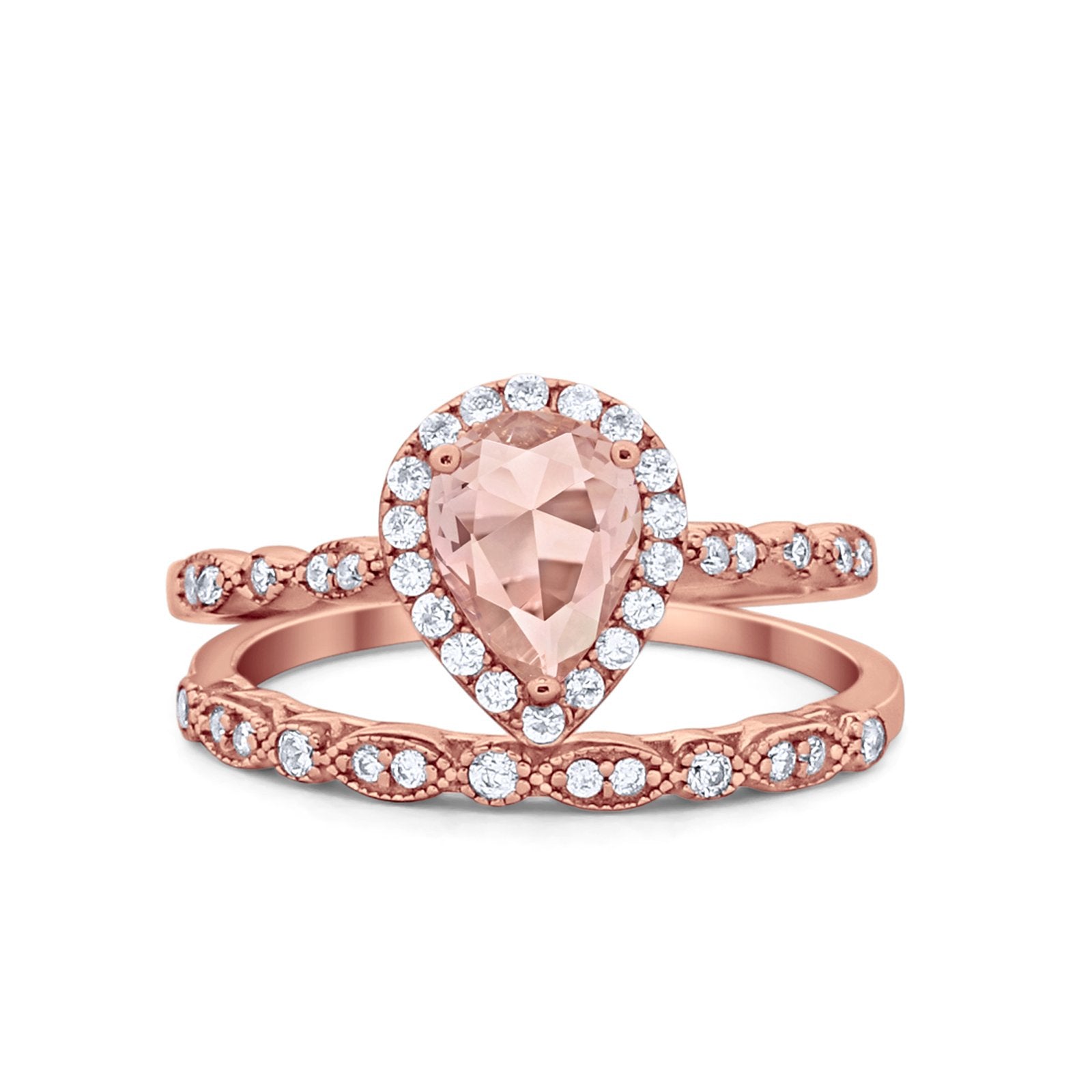 Teardrop Engagement Piece Ring Band Rose Tone, Simulated Morganite CZ 925 Sterling Silver