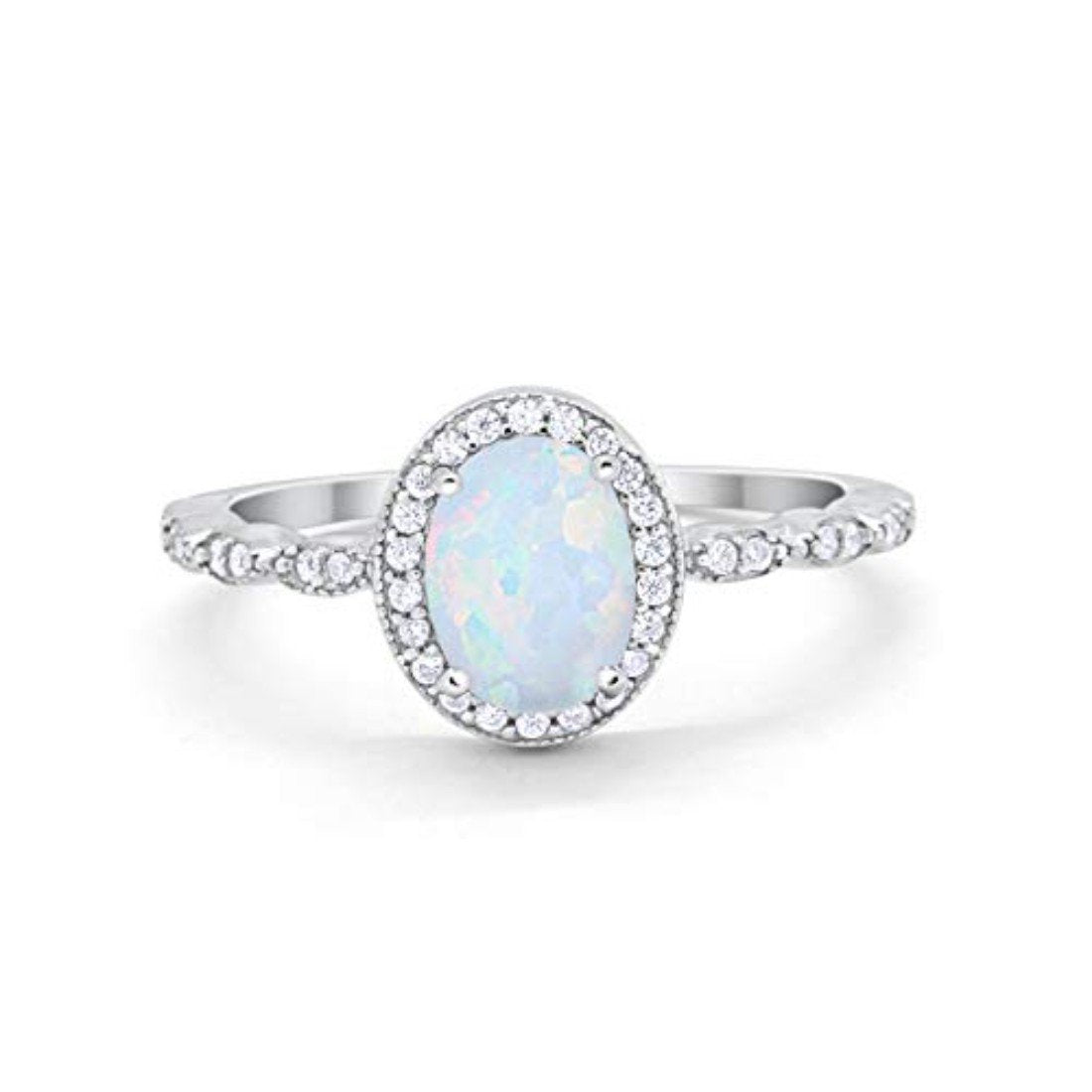Oval Engagement Ring Halo Bridal Lab Created White Opal 925 Sterling Silver
