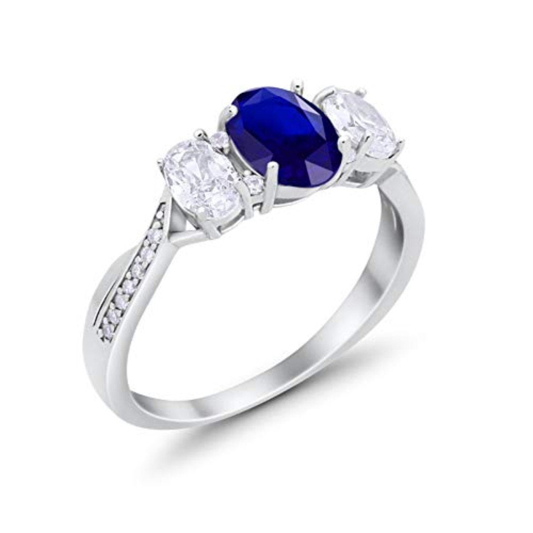 Oval Three Stone Wedding Ring Simulated Blue Sapphire CZ 925 Sterling Silver