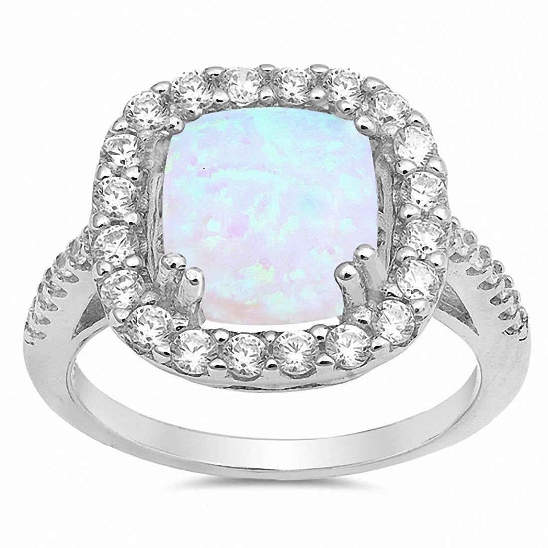 Halo Ring Princess Cut Lab Created White Opal 925 Sterling Silver
