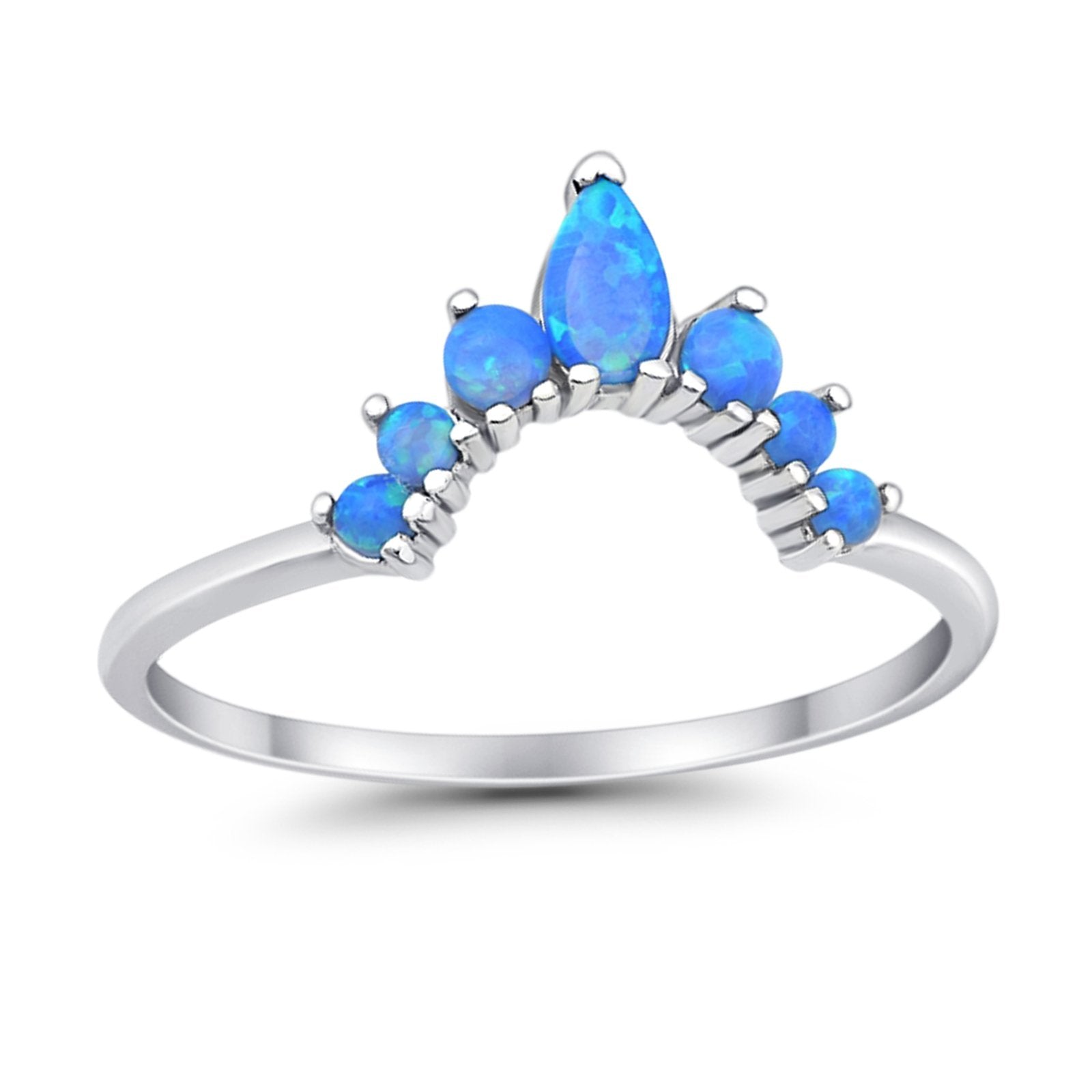 Curved Band Thumb Ring Pear Lab Created Blue Opal Round 925 Sterling Silver