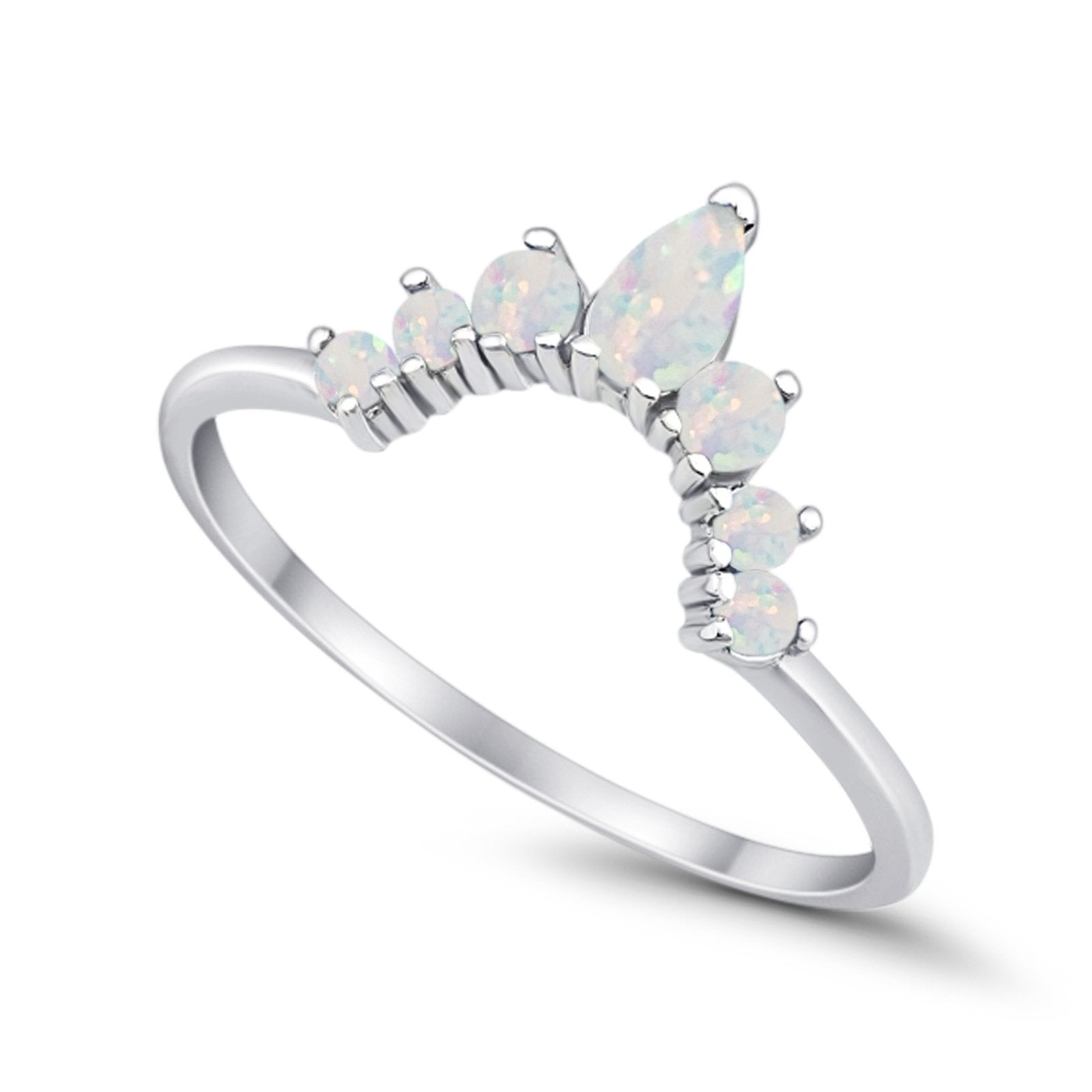 Curved Band Thumb Ring Pear Lab Created White Opal Round 925 Sterling Silver