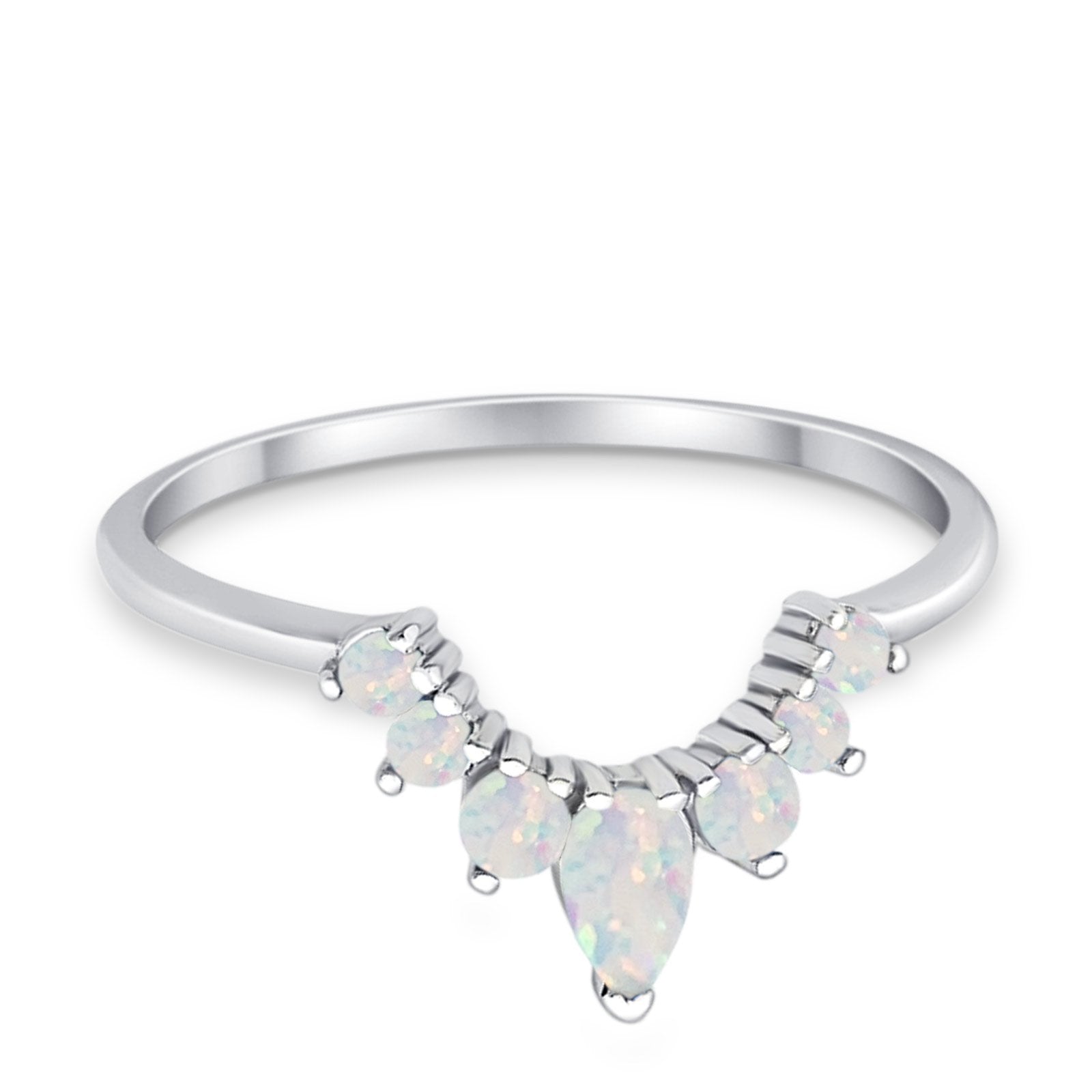 Curved Band Thumb Ring Pear Lab Created White Opal Round 925 Sterling Silver