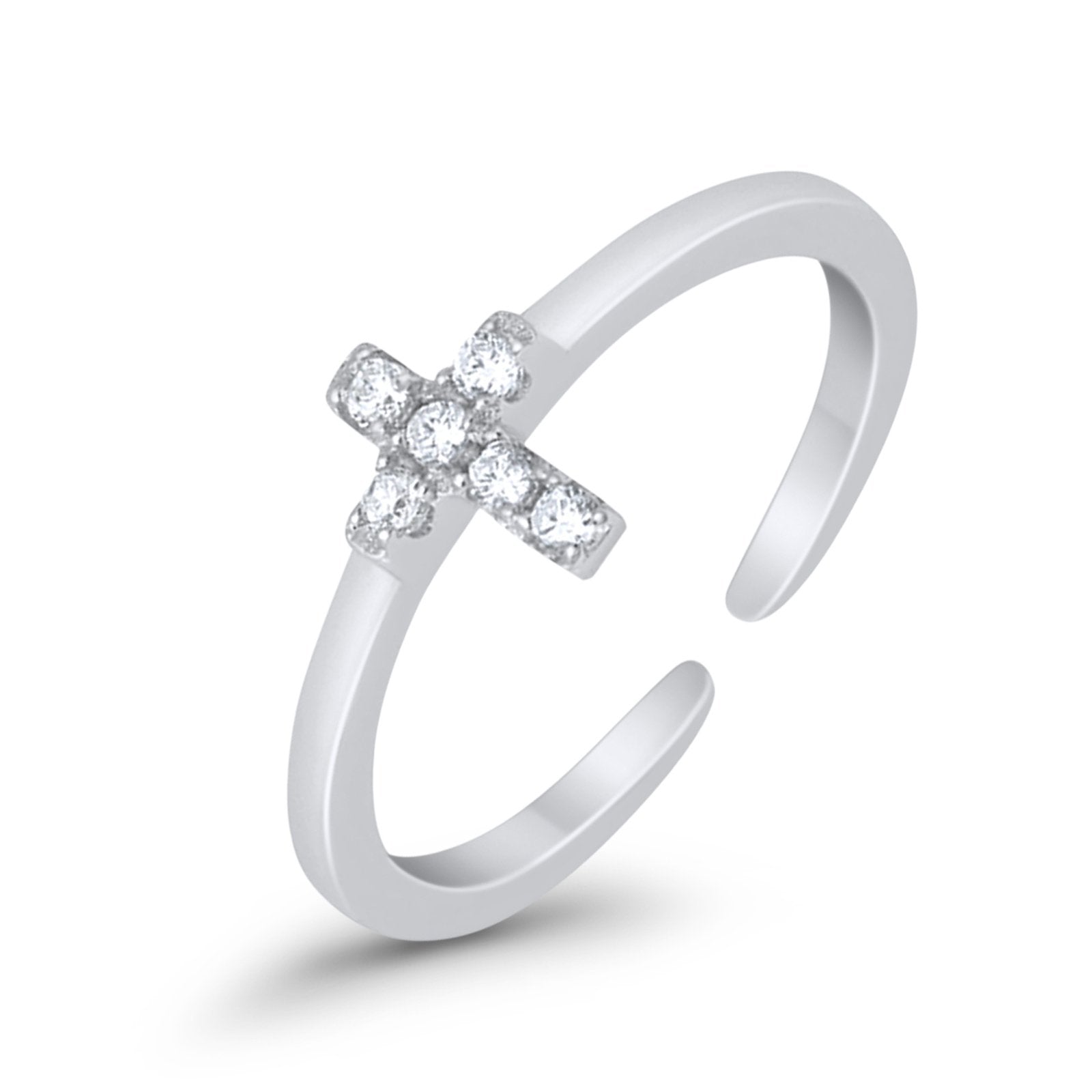 Cross Toe Ring Simulated Cubic Zirconia Adjustable 925 Sterling Silver (6mm)