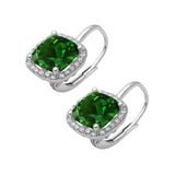 Halo Cushion Leverback Earrings Simulated Green Emerald CZ 925 Sterling Silver