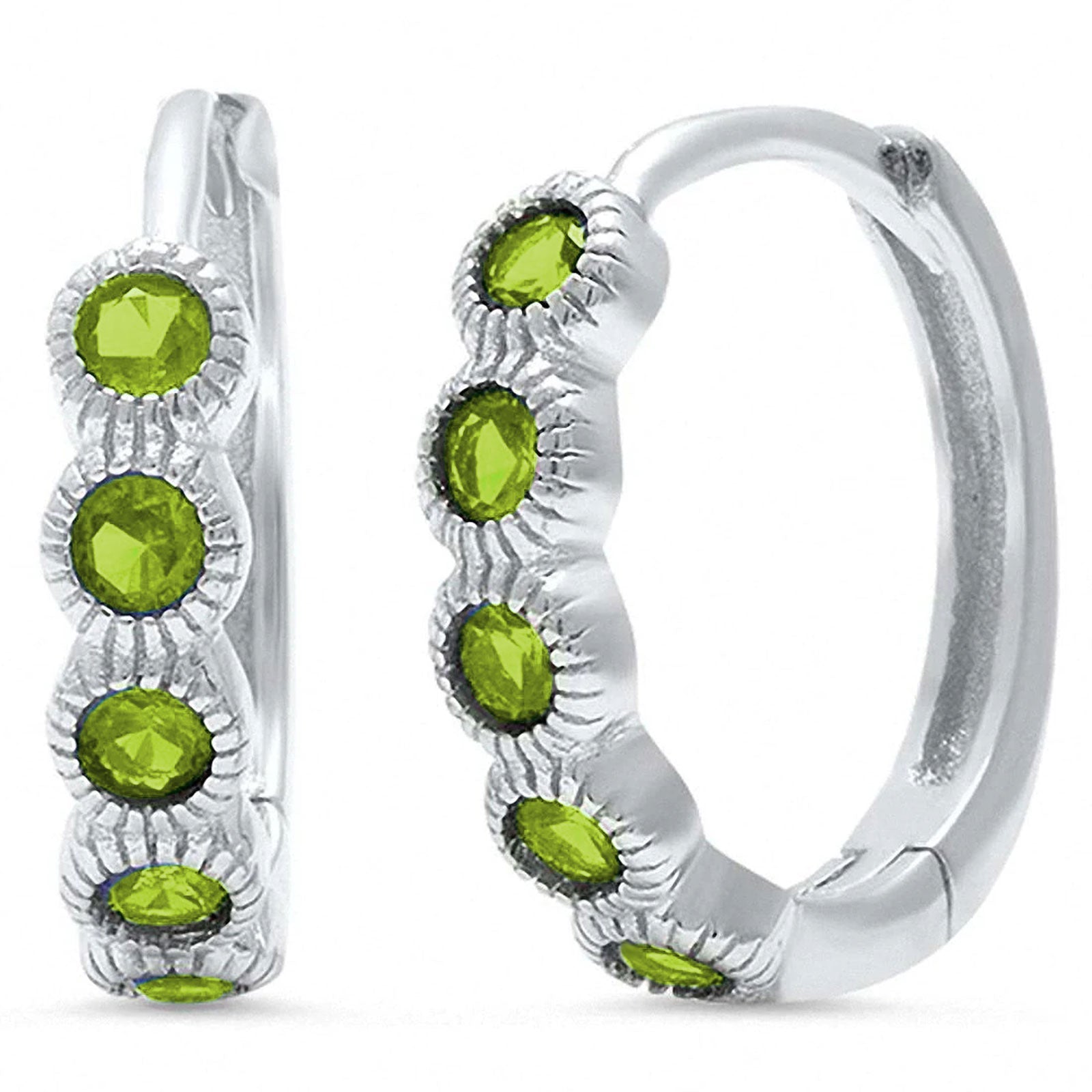 Huggie Hoop Earring Round Peridot CZ 925 Sterling Silver