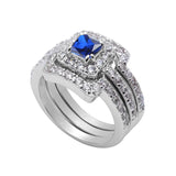 Trio Set Piece Wedding Bridal Ring Band Princess Cut Simulated Blue Sapphire CZ 925 Sterling Silver