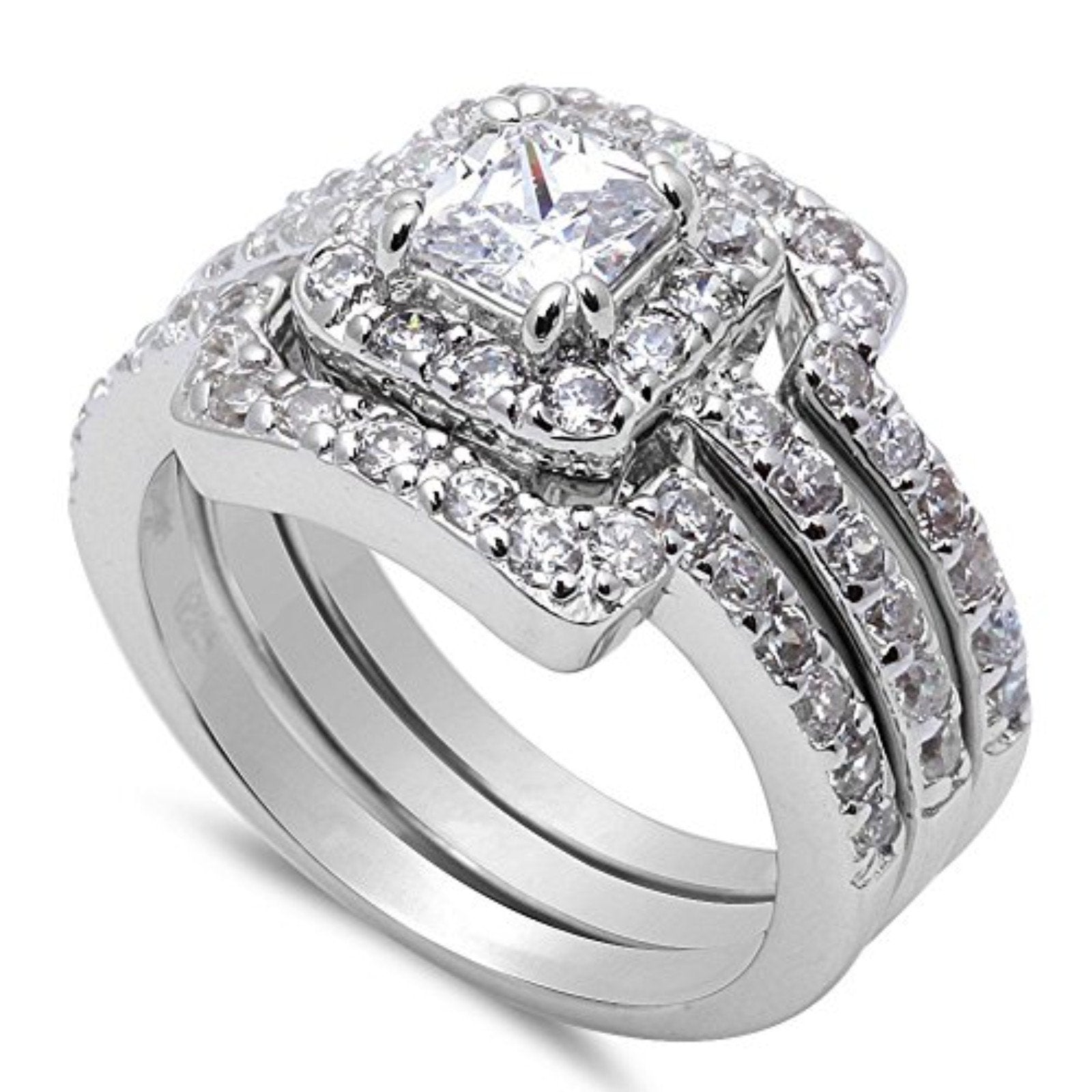 Trio Set Piece Wedding Bridal Ring Band Princess Cut Simulated Cubic Zirconia 925 Sterling Silver