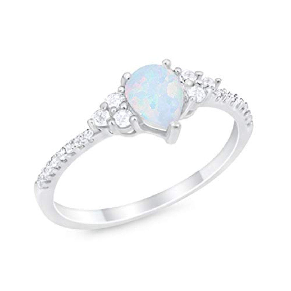 Teardrop Engagement Ring Lab Created White Opal 925 Sterling Silver