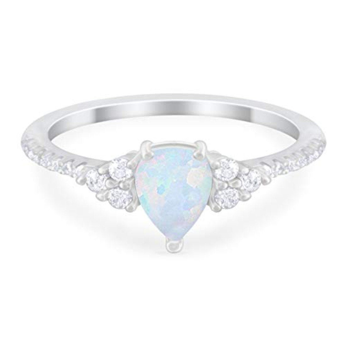 Teardrop Engagement Ring Lab Created White Opal 925 Sterling Silver