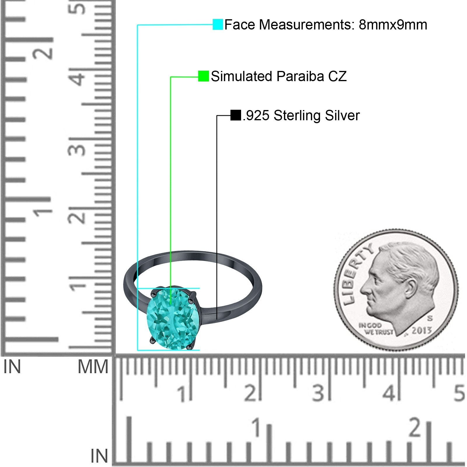 Solitaire Engagement Ring Oval Black Tone, Simulated Paraiba Tourmaline CZ 925 Sterling Silver