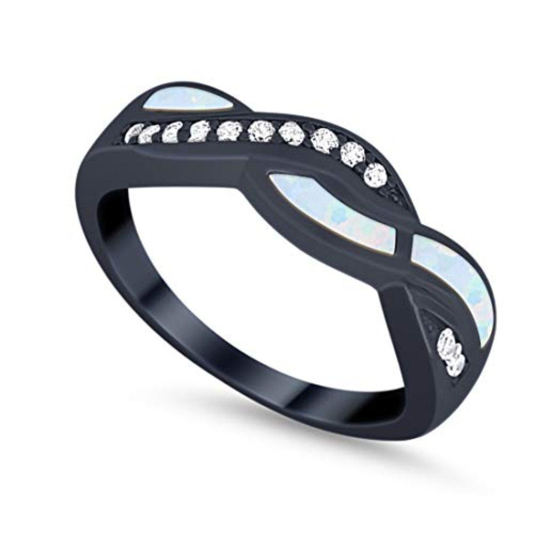 Half Eternity Weave Knot Ring Crisscross Black Tone, Lab Created White Opal 925 Sterling Silver