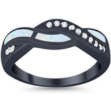 Half Eternity Weave Knot Ring Crisscross Black Tone, Lab Created White Opal 925 Sterling Silver