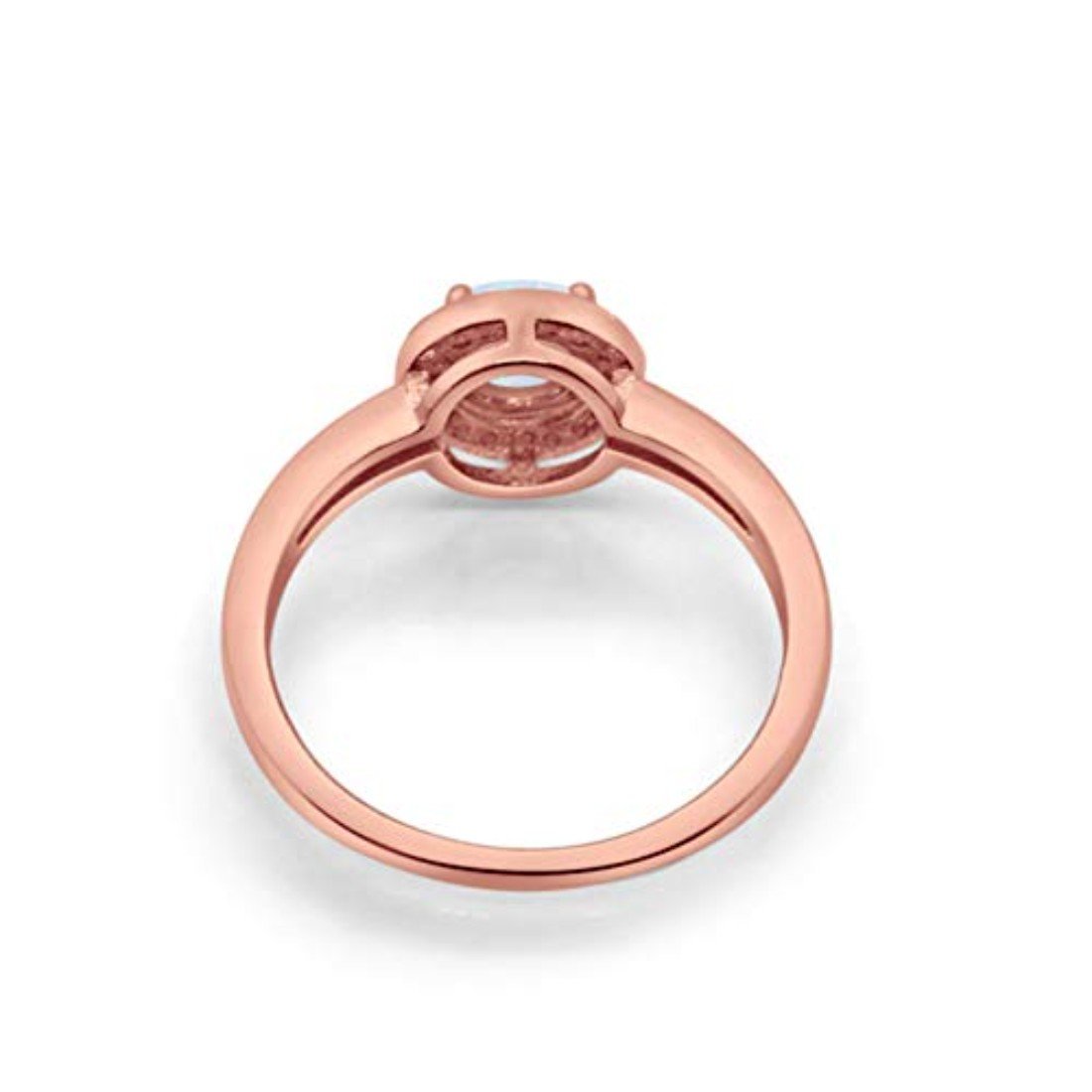 Halo Art Deco Engagement Ring Round Rose Tone, Lab Created White Opal 925 Sterling Silver
