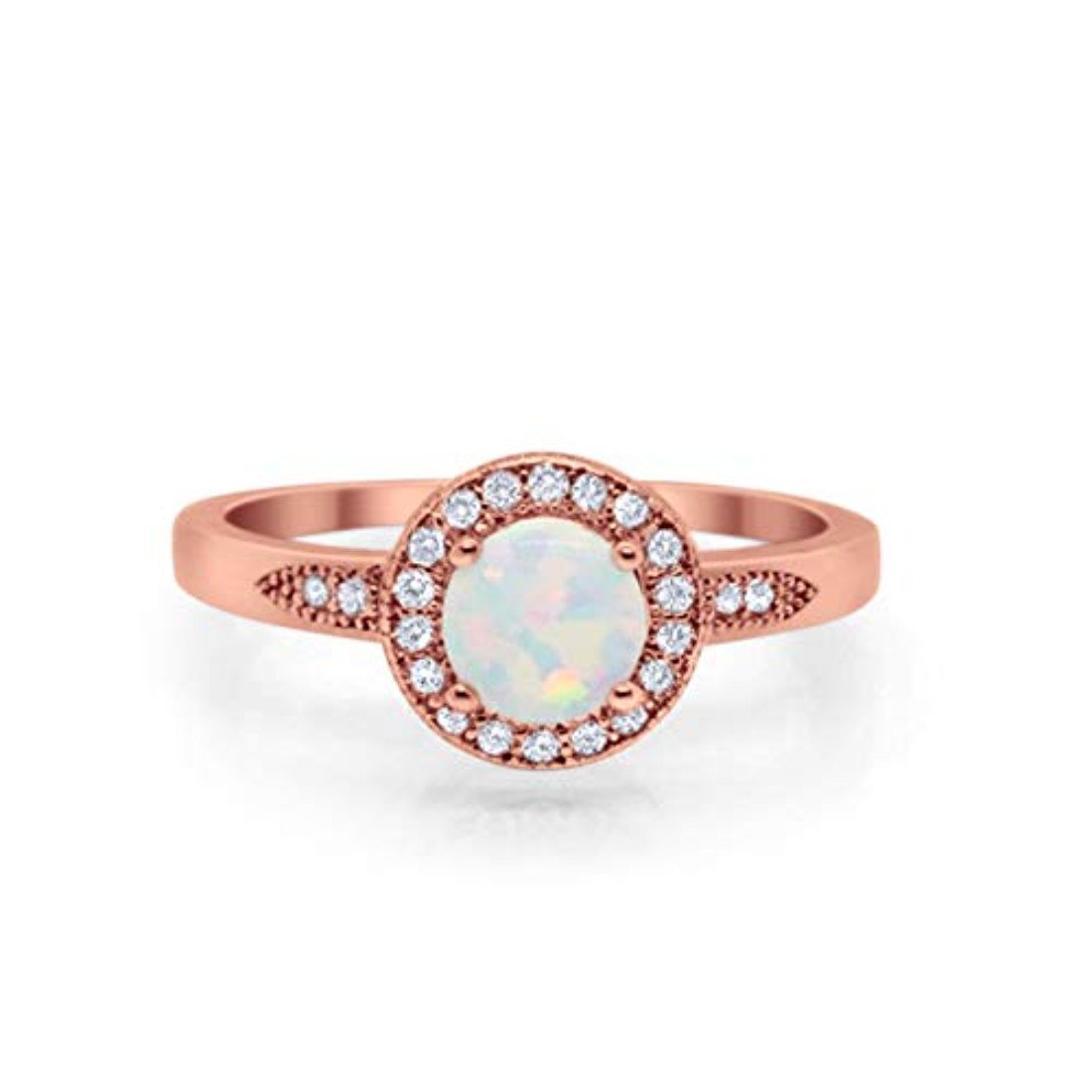 Halo Art Deco Engagement Ring Round Rose Tone, Lab Created White Opal 925 Sterling Silver