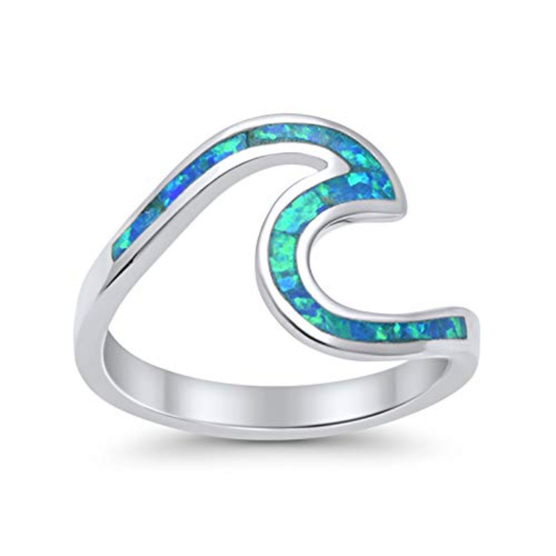 Wave Swirl Band Ring Lab Created Blue Opal 925 Sterling Silver