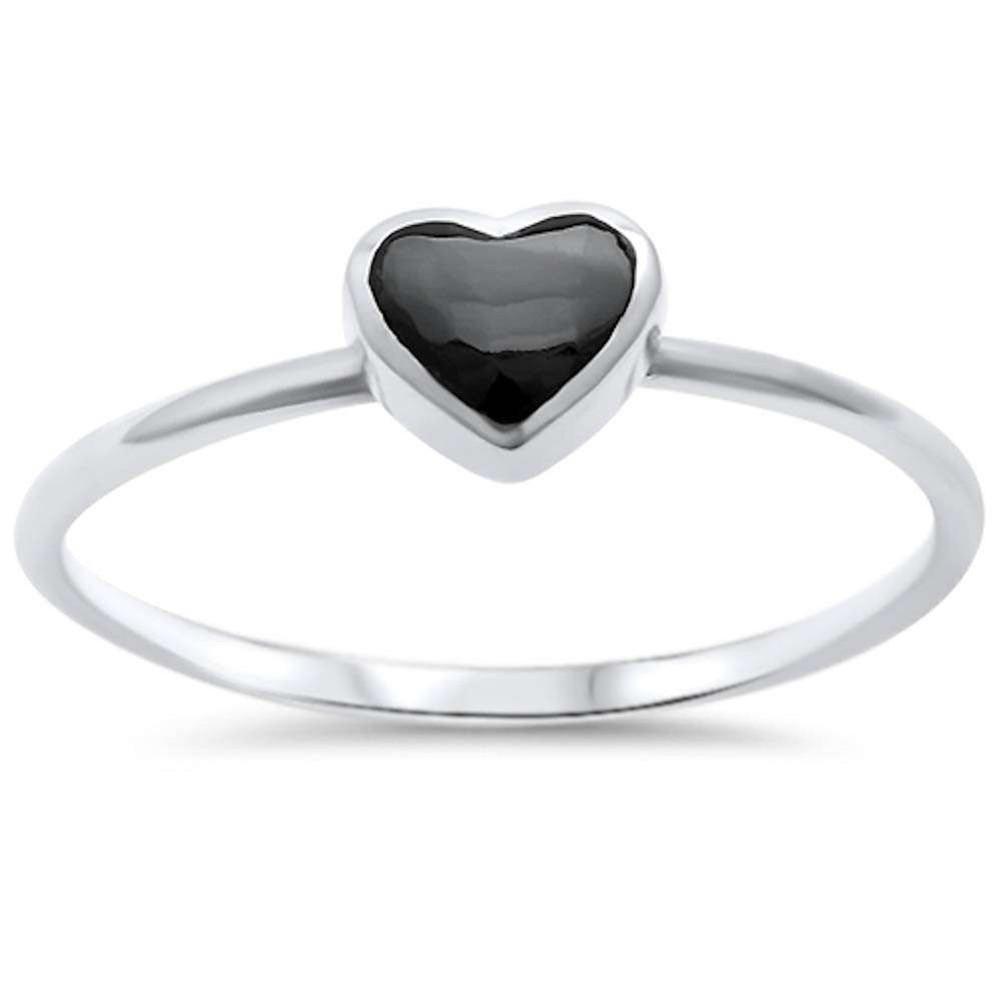 Petite Dainty Solitaire Heart Ring Heart Promise Ring Simulated Black Onyx 925 Sterling Silver