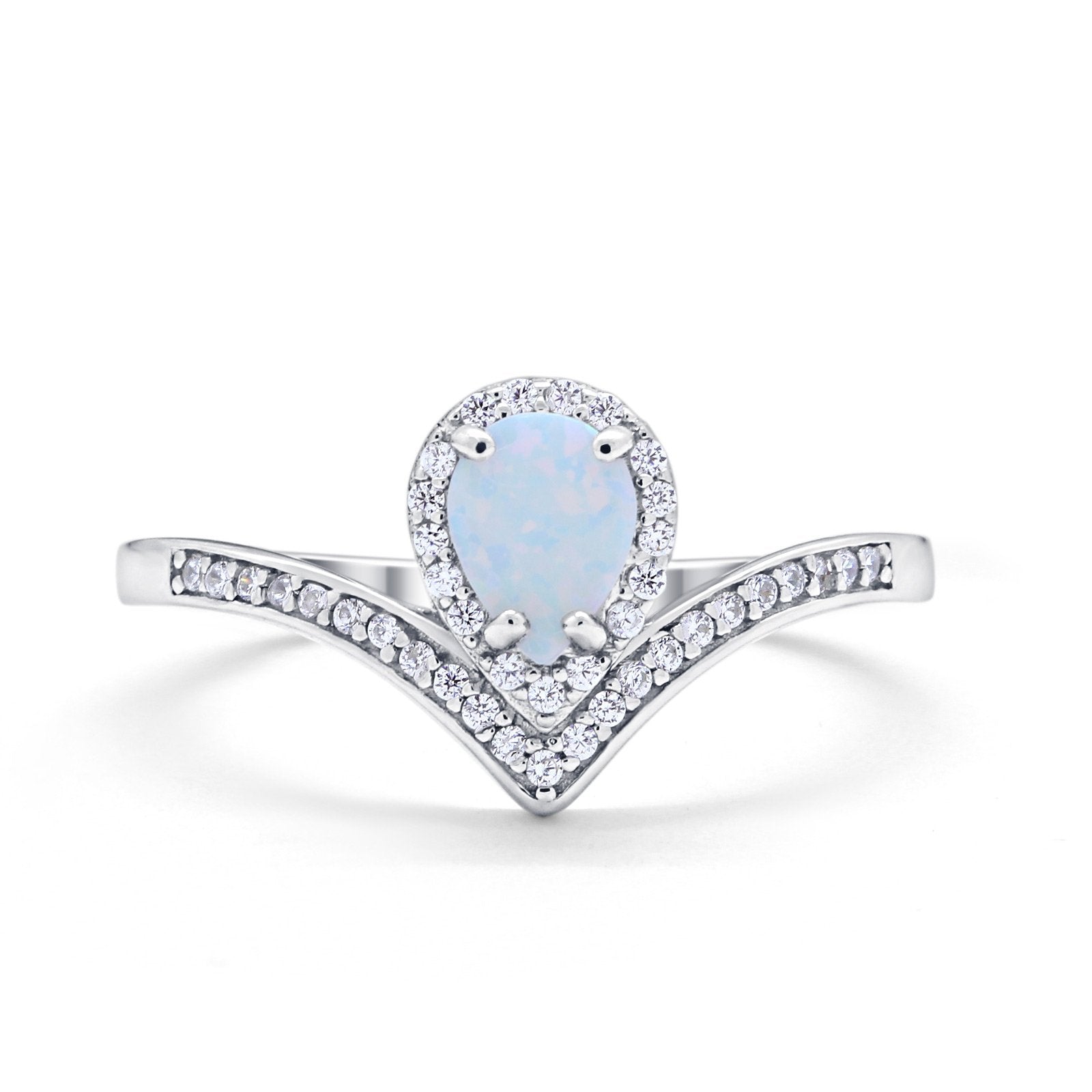 Teardrop V Midi Ring Pear Round Lab Created White Opal 925 Sterling Silver